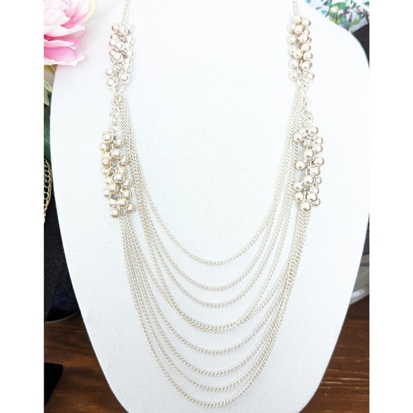 Cluster Beaded Festoon Bib Necklace Multi Strand Chain Silver Tone - Picture 2 of 4